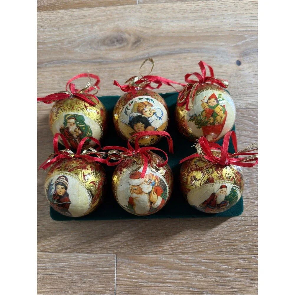Vtg Heirloom Christmas Ornaments Paper Mache Style Victorian Balls 2.5” Set Of 6